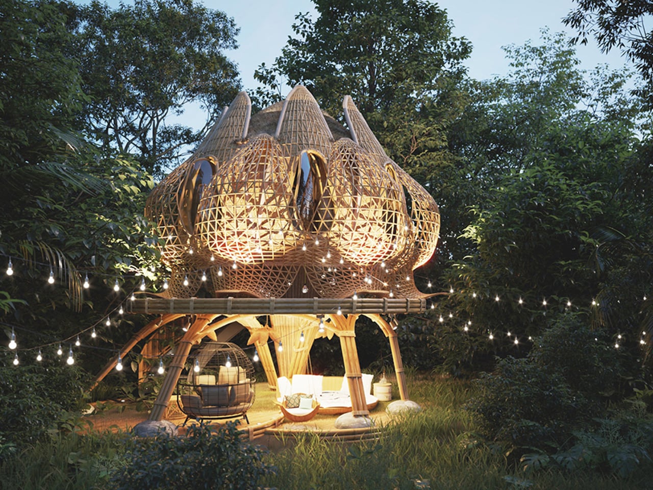 Woven bamboo treehouse with glowing lights, cathedral-like pods perched above a cozy seating area in a jungle setting.