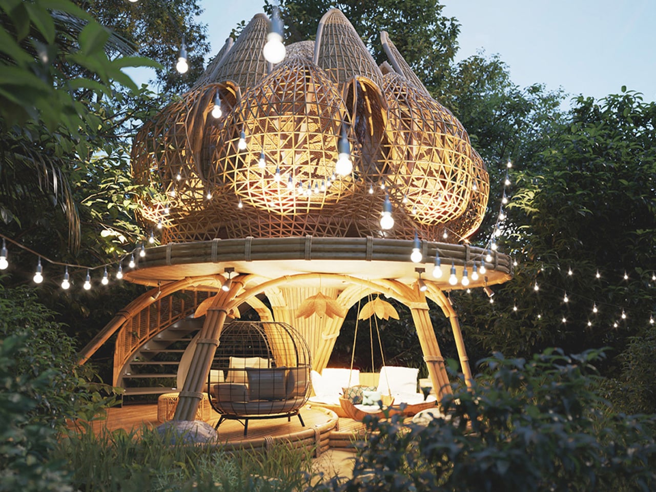 Whimsical bamboo treehouse with a woven lattice dome, string lights, and a cozy circular seating area in a garden.