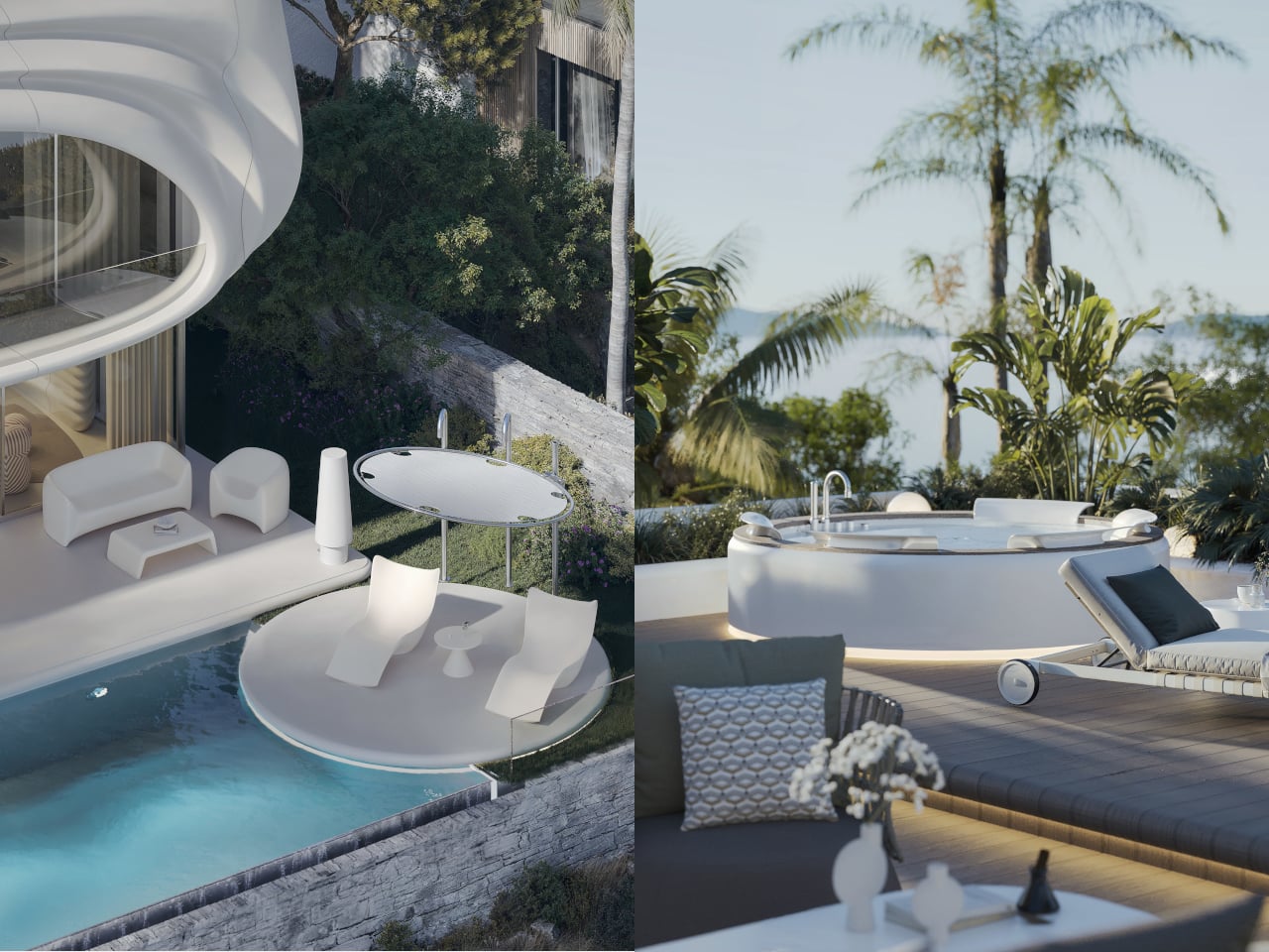 Split-screen luxury outdoor terrace: left shows white seating around a small circular pool; right shows a hot tub with lounge chairs and palm trees by the sea.
