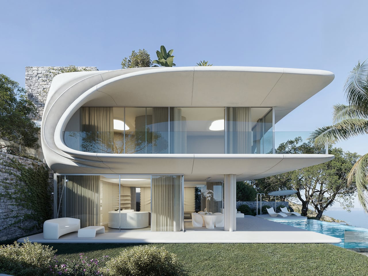 Modern white two-story house with curved overhangs, glass walls, and a pool overlooking a sunny landscape.
