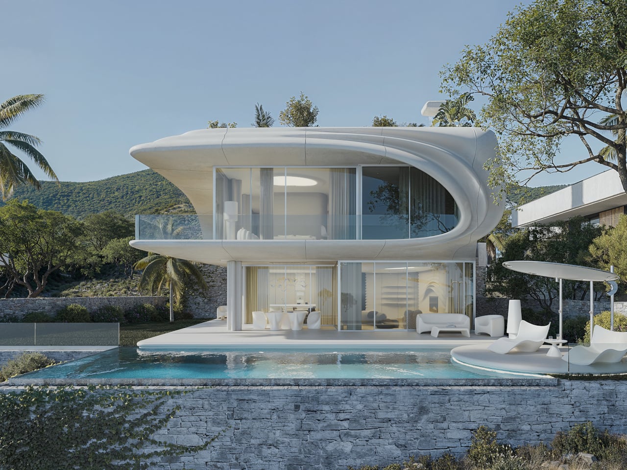 Futuristic white two-story house with curved rooflines, glass walls, and an outdoor pool, set beside a hillside and palm trees.