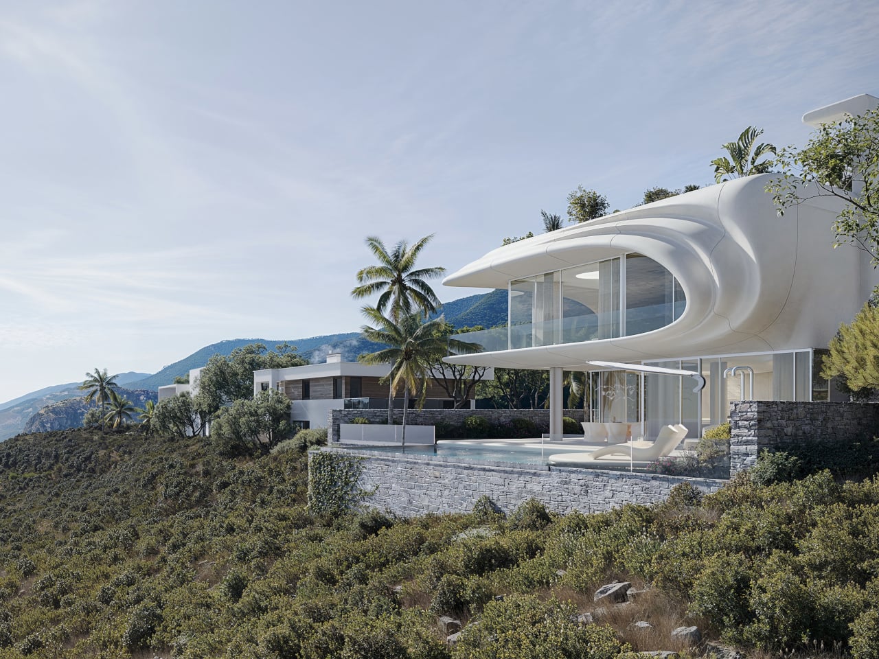 Futuristic white villa with curved architecture on a hillside, glass walls, and a pool overlooking mountains and scrubby terrain.