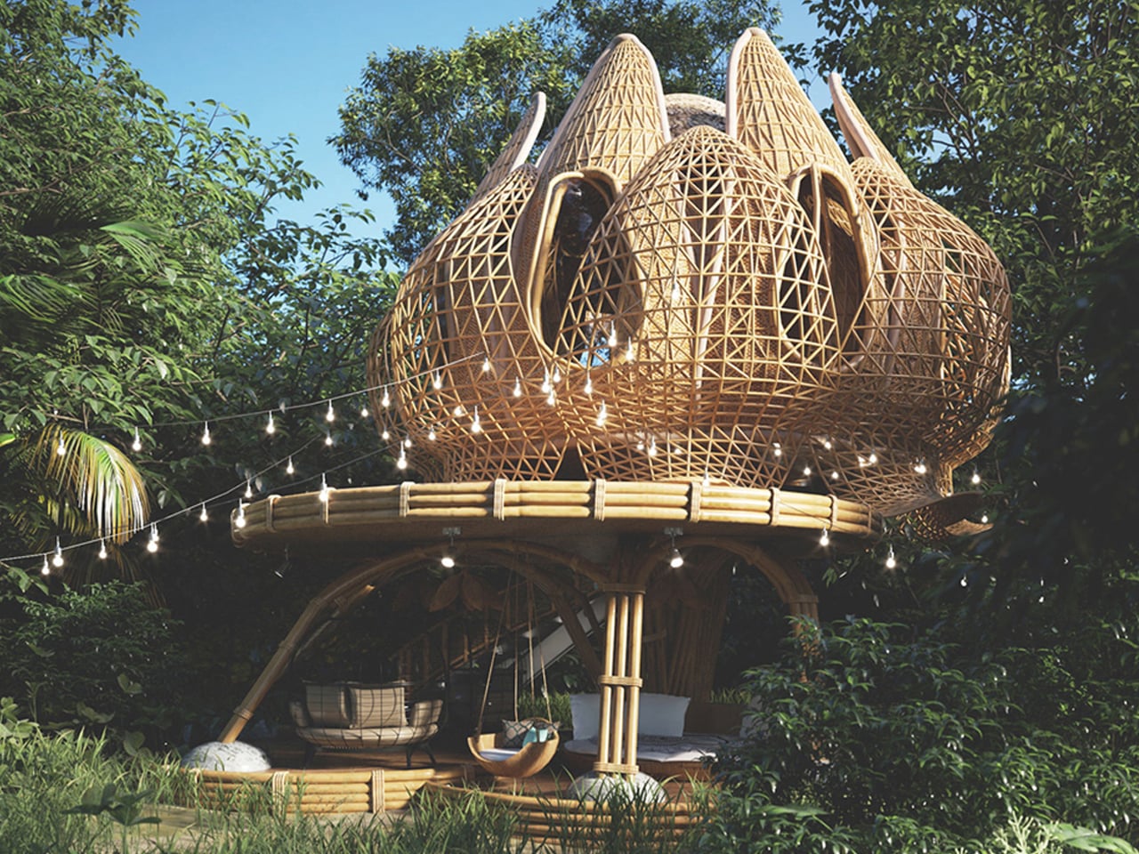 Whimsical bamboo treehouse with a lattice dome and string lights in a lush garden.