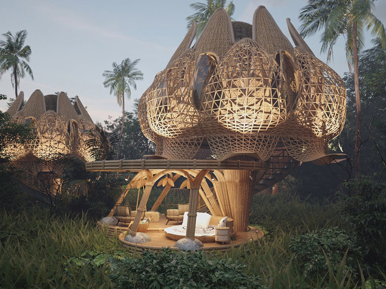 Large bamboo treehouse with intricate lattice domes and a wooden lounge area in a tropical setting.
