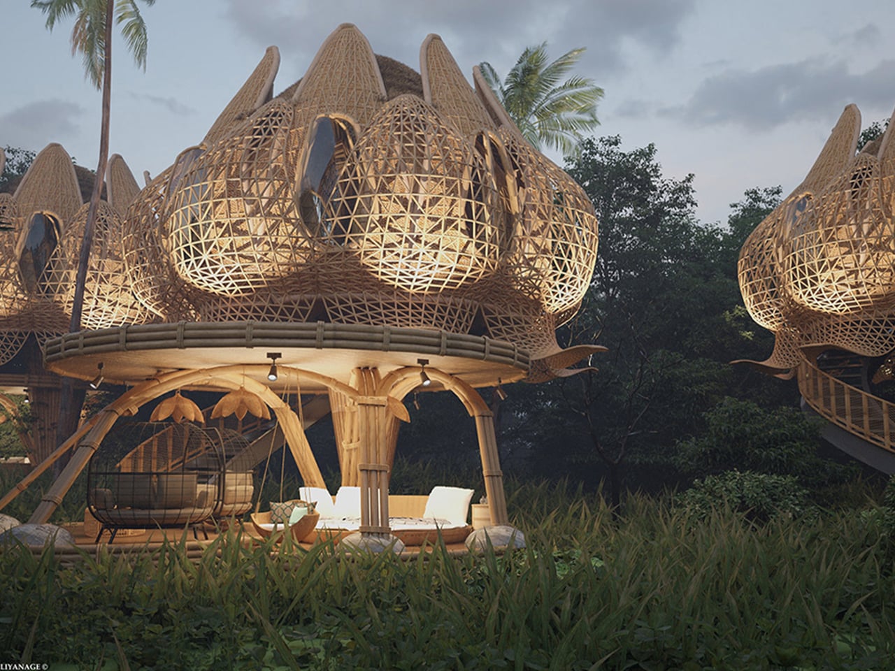Lattice bamboo structures shaped like giant lotus petals with a seating area beneath, part of a resort or eco-architecture setting.