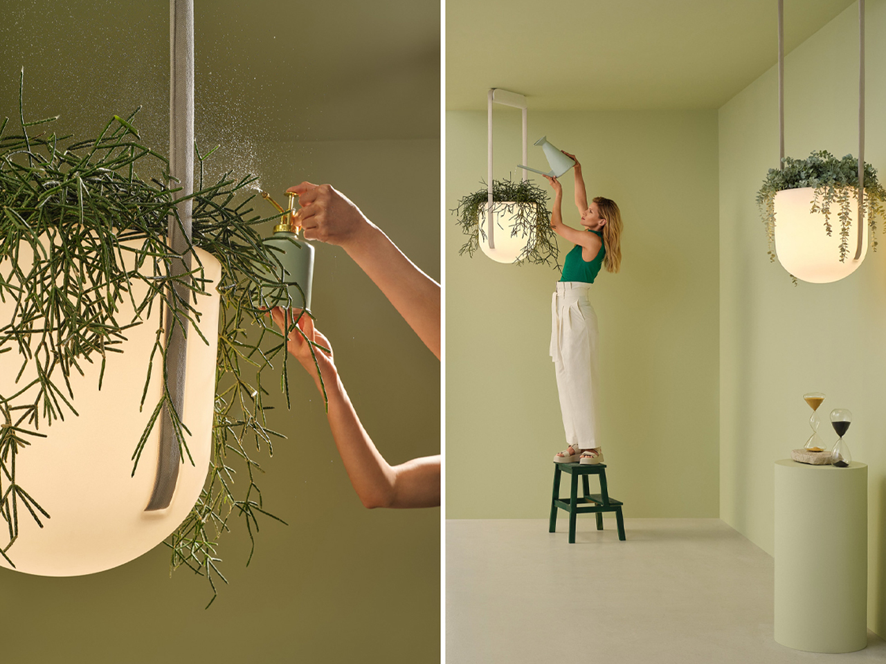 Two-panel image: left shows hands watering a hanging plant with a spray bottle; right shows a woman on a stool watering a hanging plant in a pale green room.