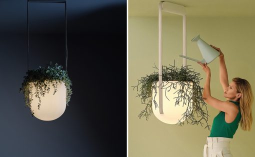 Hanging frosted-globe planter with trailing greenery shown in a split view: close-up glow on left and a woman watering it on the right.