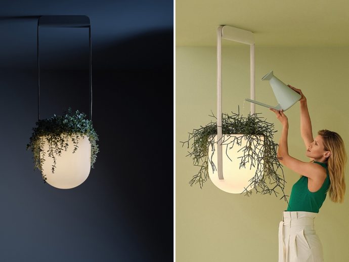 Hanging frosted-globe planter with trailing greenery shown in a split view: close-up glow on left and a woman watering it on the right.