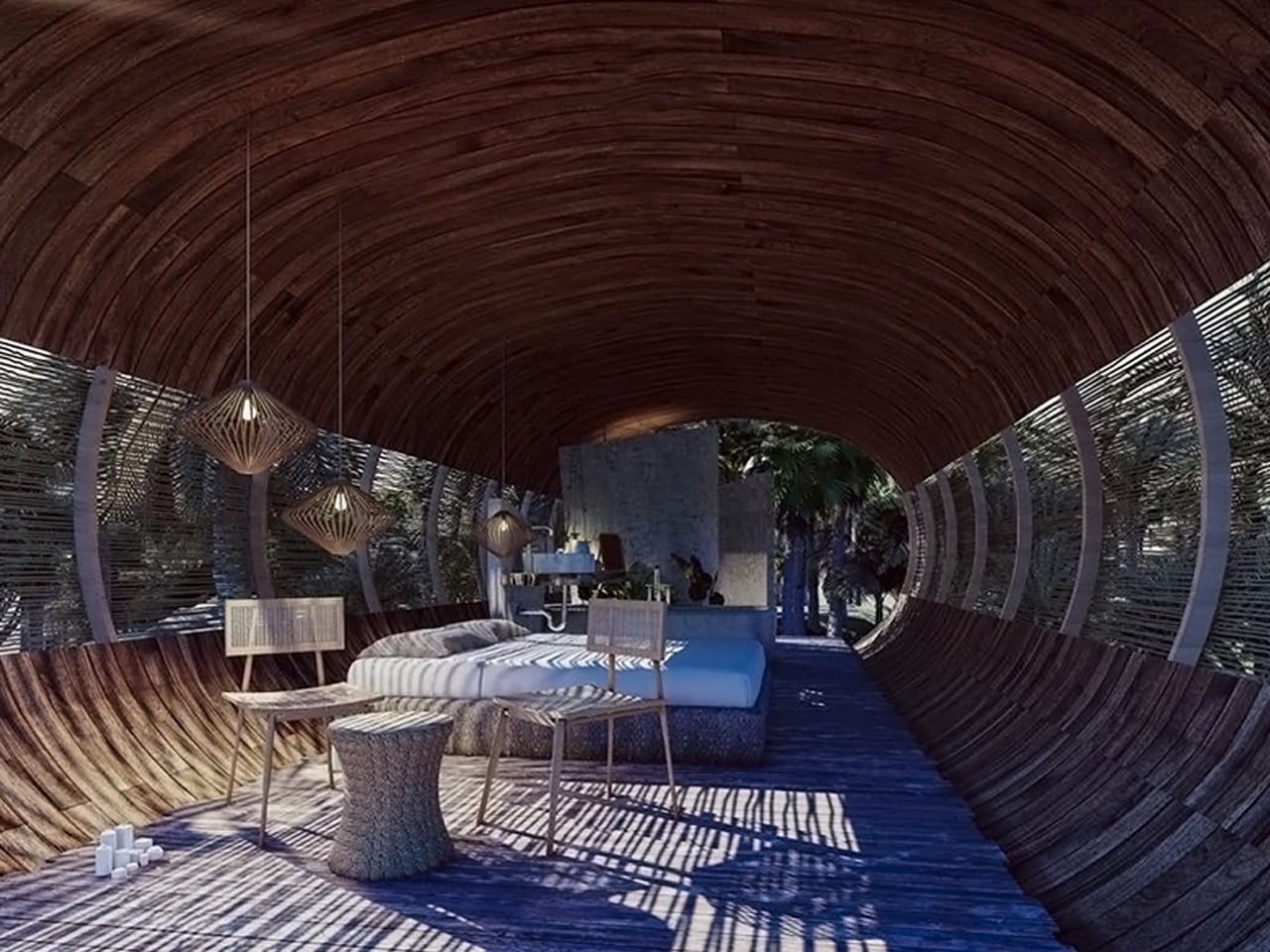 Curved wooden tunnel lounge with beds, chairs and hanging lanterns, casting striped shadows.