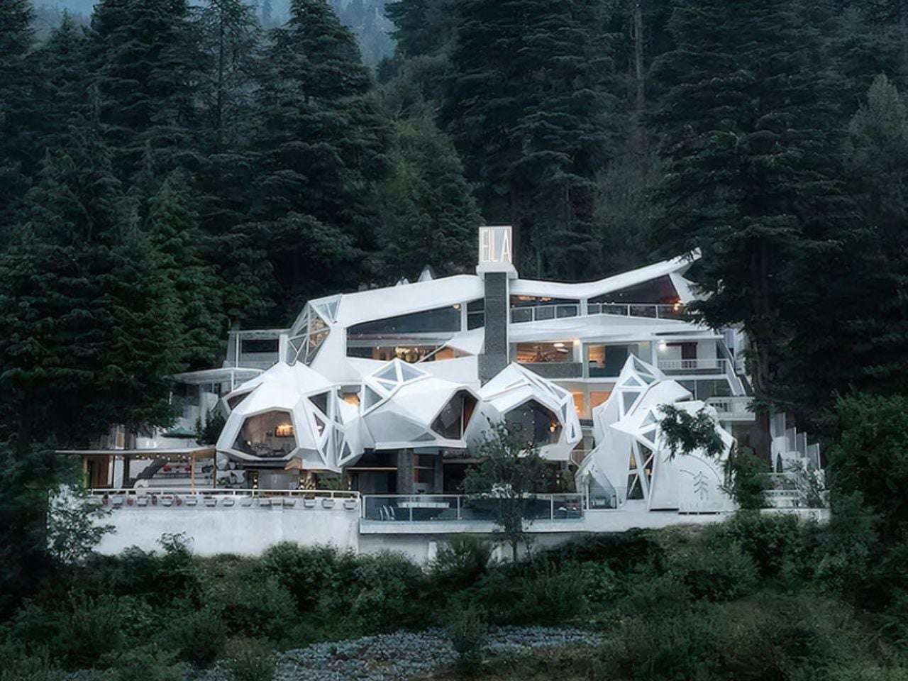 Geometric white hotel built among tall evergreen trees, with angular façades and a central tower labeled 'ELA'.
