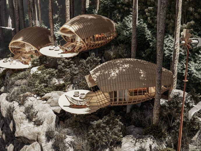 Wooden pod-like treehouses with circular decks perched among pines in a forest, connected by platforms and hammocks