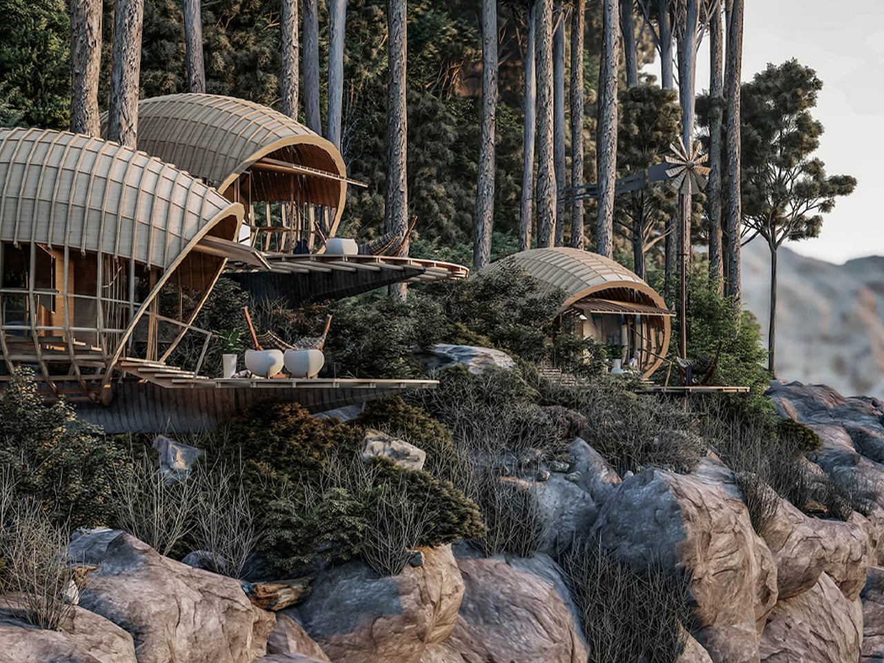Cliffside wooden domed cabins with curved roofs, extended decks, and outdoor seating among tall pines on a rocky slope.