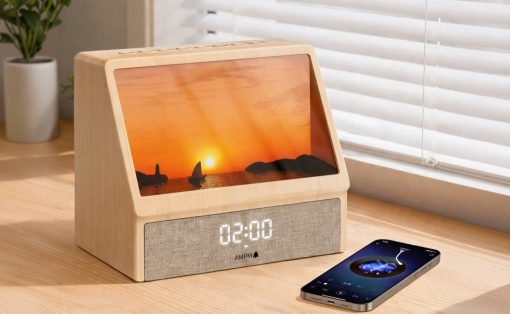 Wooden digital alarm clock on a desk shows a sunset image on its screen, with a smartphone playing music nearby.