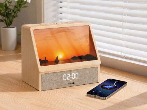 Wooden digital alarm clock on a desk shows a sunset image on its screen, with a smartphone playing music nearby.