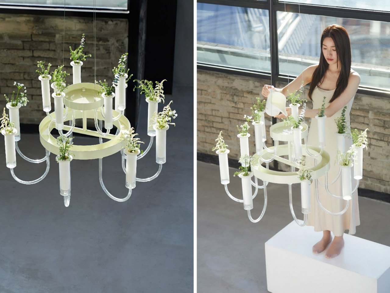 Chandelier-style light fixture with white tubes holding small green plants, shown in a bright industrial space (split view).