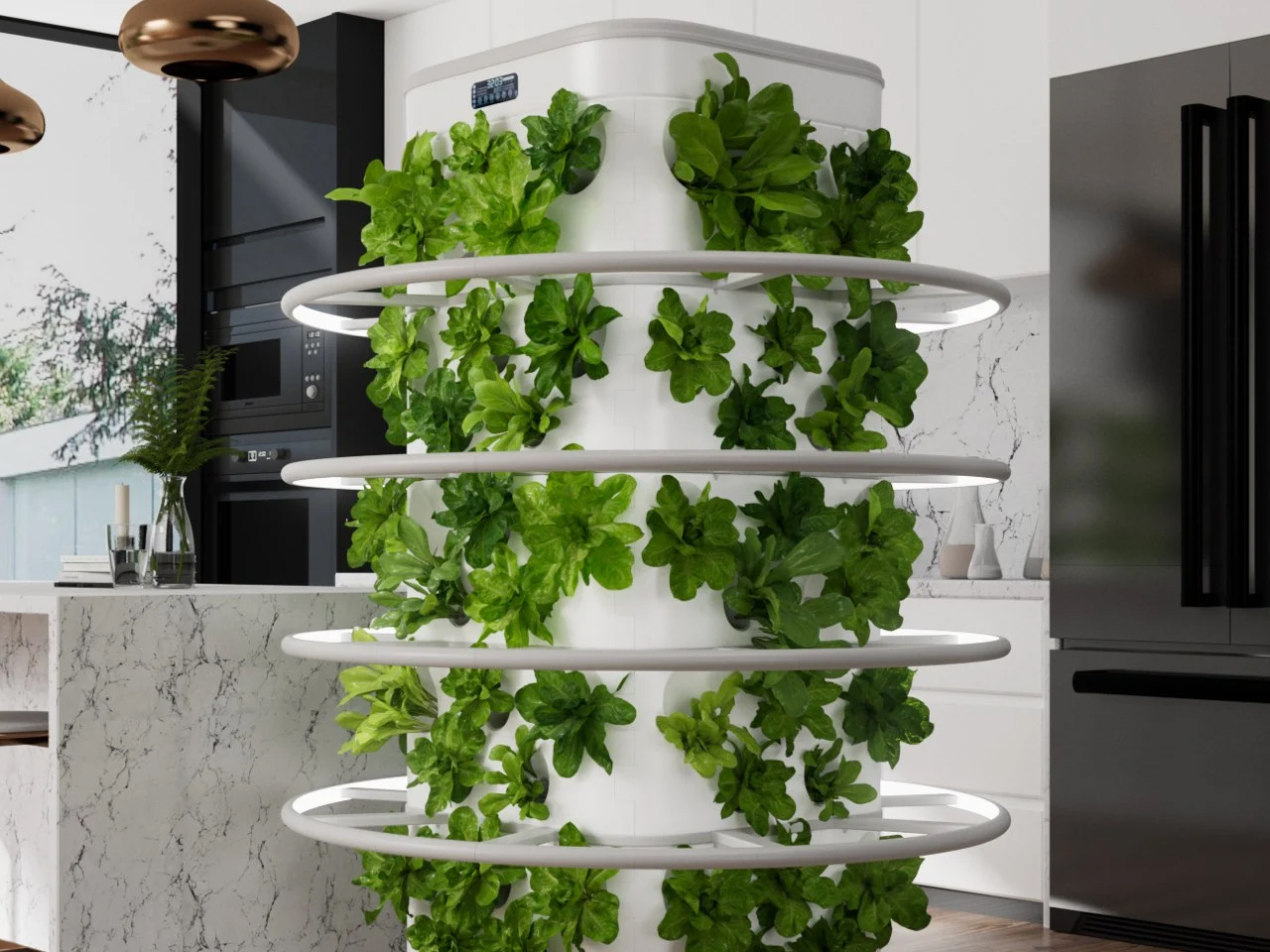 Vertical herb planter spiraling around a white column in a modern kitchen.