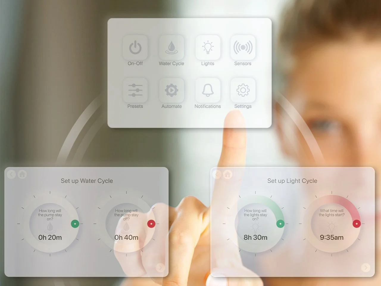 Finger taps a translucent smart-home control panel with On/Off, Water Cycle, Lights, Sensors, Settings icons above two foreground cycle setup cards: Water and Light cycles.