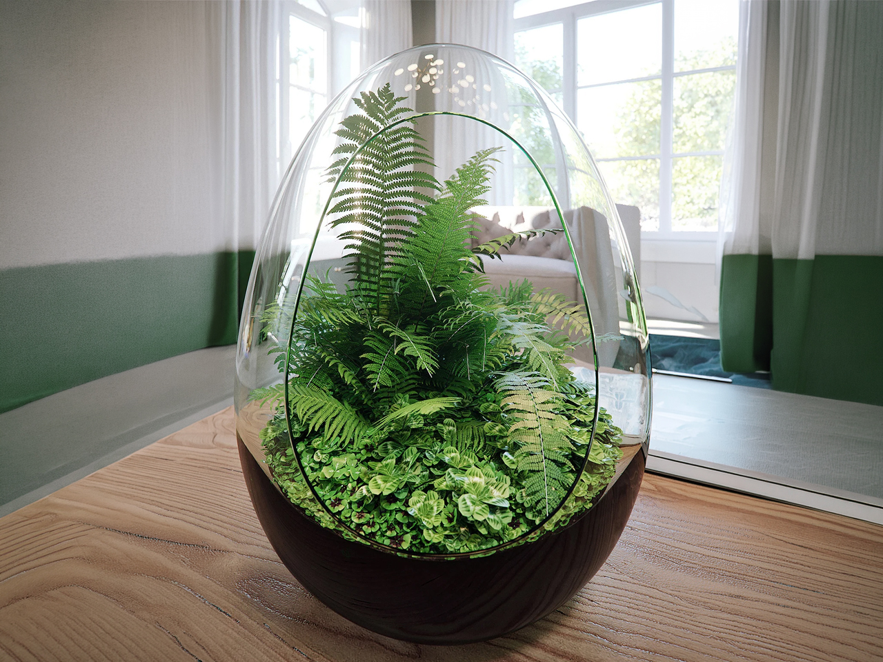 Glass dome terrarium with lush ferns on a wooden table by a bright window.