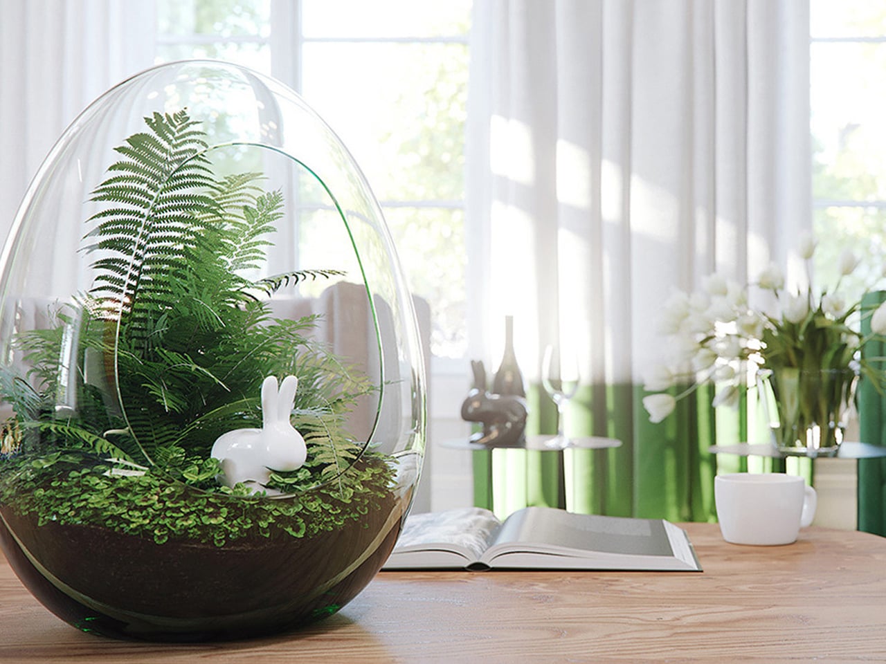 Glass terrarium with ferns and a white bunny figurine on a wooden table, with an open book nearby.