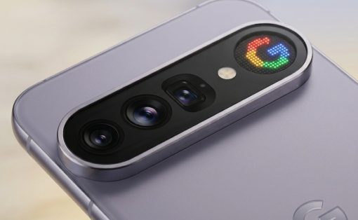 Close-up of a smartphone's rear triple-lens camera module on a purple back, with a circular multicolor Google logo badge nearby.