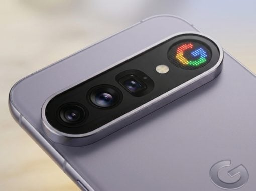 Close-up of a smartphone's rear triple-lens camera module on a purple back, with a circular multicolor Google logo badge nearby.