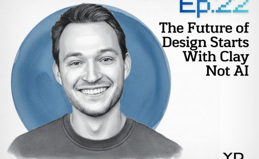 Podcast cover for Episode 22: The Future of Design Starts With Clay Not AI, featuring a grayscale sketched portrait of a smiling man against a blue circular background; YD Anko Design logo bottom right.