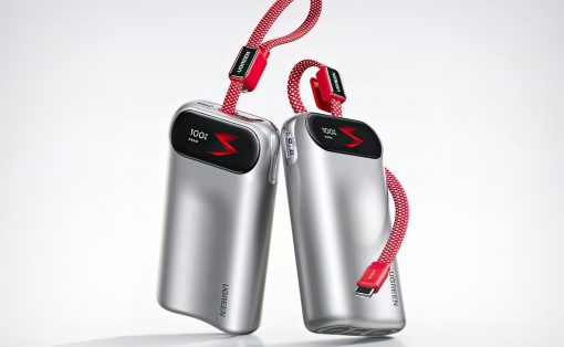 Two silver portable chargers with black screens displaying 100%, connected by red braided straps on a light background.