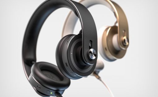 Three over-ear headphones in black, white, and gold shown at an angle emphasizing the cushions and headbands.