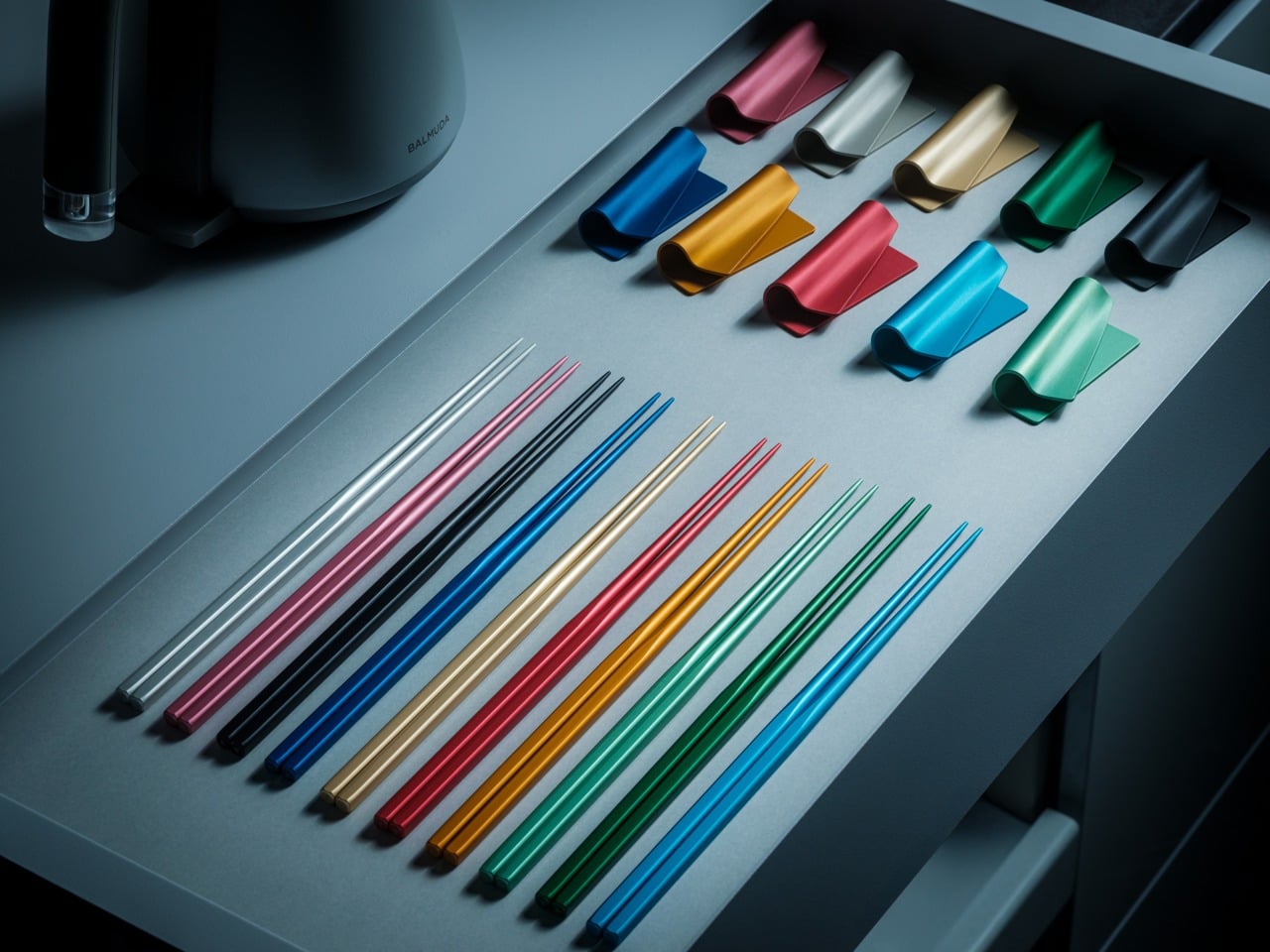 Neatly arranged colored pencils in a rainbow gradient across a gray desk, with color swatches in the background on the right.