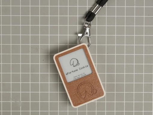 Close-up of a brown textured keychain device labeled 'eFortune Cookie' with a cookie graphic, attached to a black cord on a gray grid background.