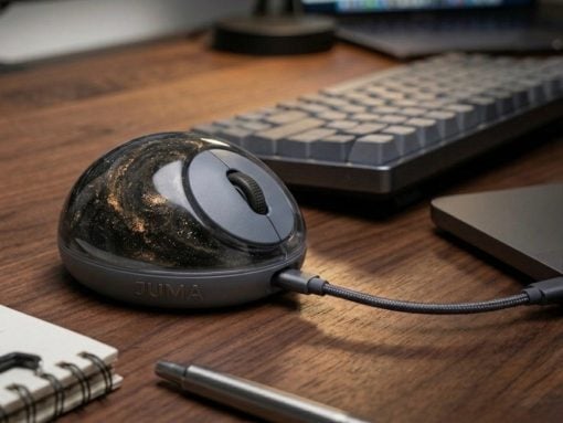Spherical black JUMA USB microphone on a wooden desk, connected by a cable to a laptop with a notebook and pen nearby.