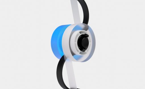 3D render of over-ear headphones with blue ear cups and a light gray headband, shown from a side angle