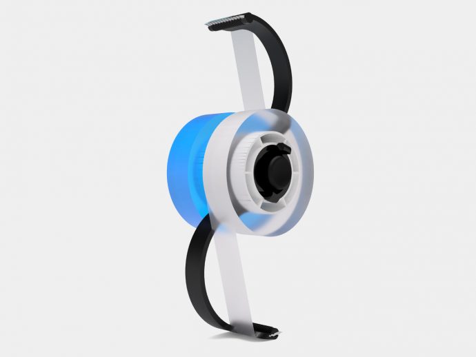 3D render of over-ear headphones with blue ear cups and a light gray headband, shown from a side angle