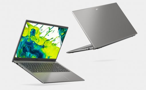 Two Acer laptops float in the air: an open silver notebook with a vibrant, abstract screen beside a closed lid model.