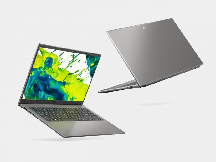 Two Acer laptops float in the air: an open silver notebook with a vibrant, abstract screen beside a closed lid model.