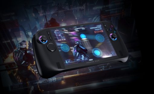 Handheld gaming console with dual joysticks, glowing blue controls, playing a futuristic shooter on its screen in a neon city backdrop.