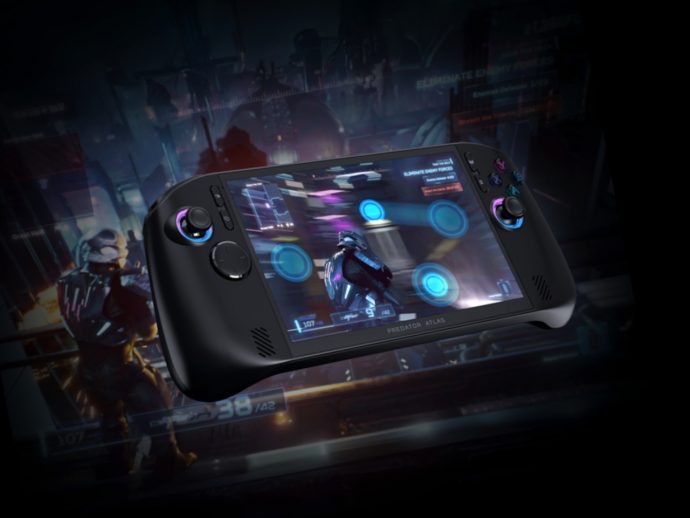 Handheld gaming console with dual joysticks, glowing blue controls, playing a futuristic shooter on its screen in a neon city backdrop.