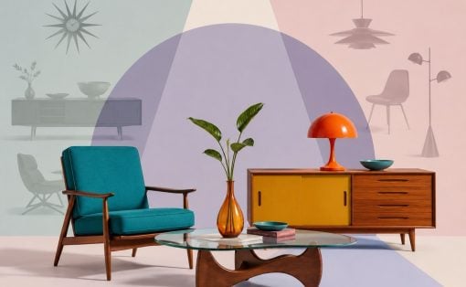 Mid-century living room with a teal armchair, glass coffee table, orange vase, and a wood sideboard with an orange lamp against pastel geometric walls.