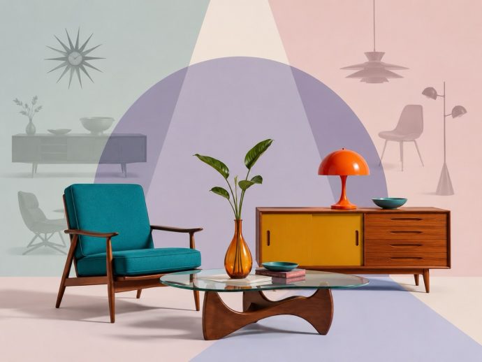 Mid-century living room with a teal armchair, glass coffee table, orange vase, and a wood sideboard with an orange lamp against pastel geometric walls.
