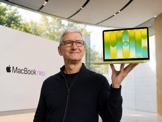 Smiling man with glasses holds up a bright gradient laptop in a showroom, MacBook Neo signage visible in the background.