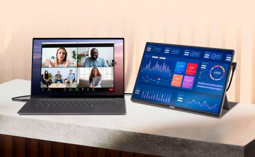 Two laptops on a light desk; left screen shows a four-person video conference grid, right screen displays a blue data dashboard.