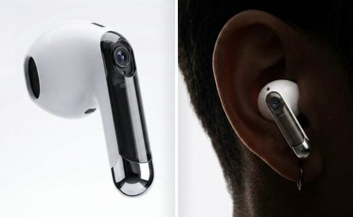 Two-panel product photo: left panel shows a white wearable camera; right panel shows a person wearing a white wireless earbud with a visible camera in the stem.