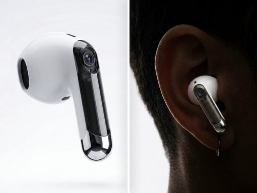 Two-panel product photo: left panel shows a white wearable camera; right panel shows a person wearing a white wireless earbud with a visible camera in the stem.