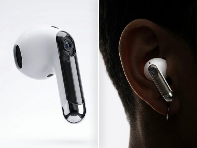 Two-panel product photo: left panel shows a white wearable camera; right panel shows a person wearing a white wireless earbud with a visible camera in the stem.