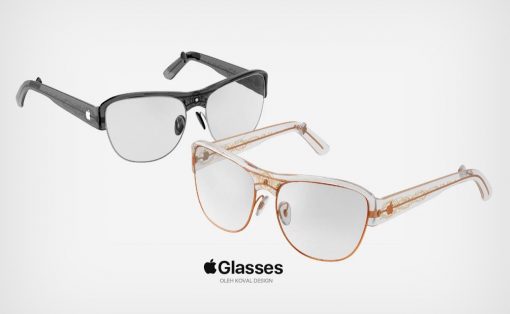 Two designer eyeglass frames, one black and one amber, floating over a light gray background with a 'Glasses' logo and 'OLEH KOVAL DESIGN' text.