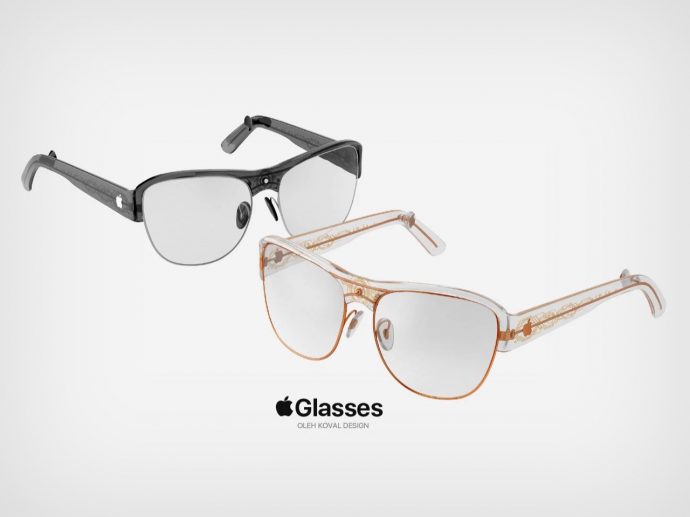 Two designer eyeglass frames, one black and one amber, floating over a light gray background with a 'Glasses' logo and 'OLEH KOVAL DESIGN' text.