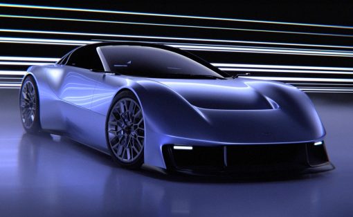 Blue futuristic sports car in a dark tunnel with light streaks, glossy body and large detailed wheels, front view showcasing aerodynamic design.