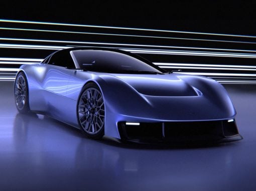Blue futuristic sports car in a dark tunnel with light streaks, glossy body and large detailed wheels, front view showcasing aerodynamic design.