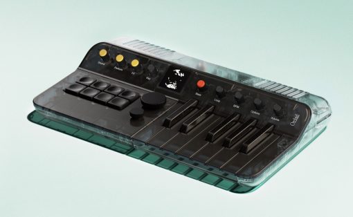 Orchid portable synthesizer with built-in keyboard, knobs, and display visible through a translucent housing on a light background.