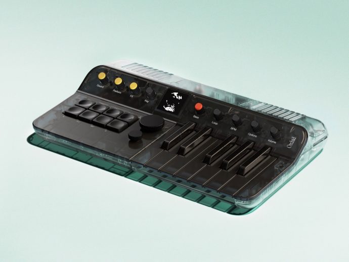 Orchid portable synthesizer with built-in keyboard, knobs, and display visible through a translucent housing on a light background.